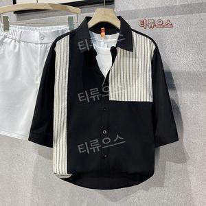 여름 얇은 남성 캐주얼 실크 패치워크 셔츠 티류으스
