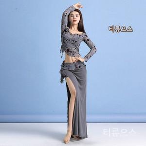 보마스 나무 꽃무늬 망사 모달면 트임 롱스커트 밸리 라인 댄스복 연습복 공연복 티류