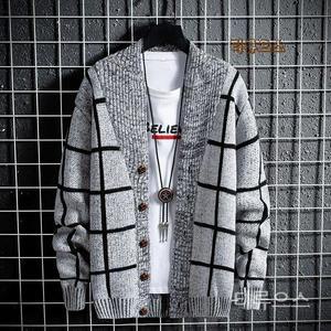 남성 가을 겨울 체크 무늬 캐주얼 브이넥 가디건 따뜻한 니트 자켓 티류으스