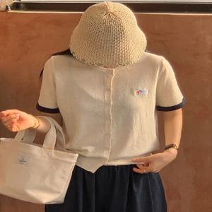 린넨 리본퍼피 배색 라운드 반팔가디건 (one color)