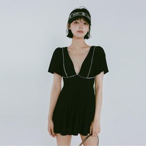 브이넥 원피스 수영복 반팔 플레어 스커트 심플 모노키니0704-02