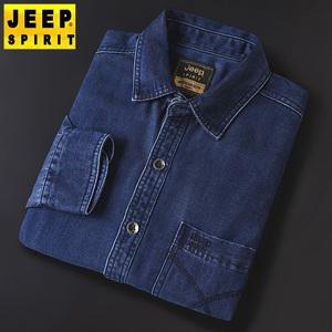 JEEP SPIRIT 남자 자유로운 데님 느슨한 단색 긴팔 캐주얼 탑 버튼 긴소매 남성셔츠