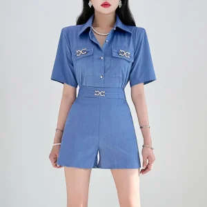 금찌 리치엔 골드장식 블라우스 반바지 세트 TS5899S G