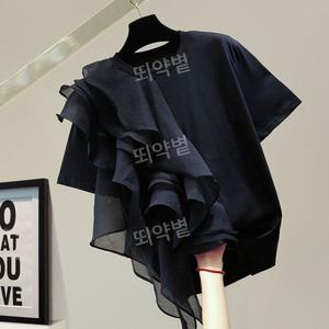 터브화이여성 티블라우스 여름 볼륨 날개 캉캉 셔링 크롭 블라우스 블랙 반팔