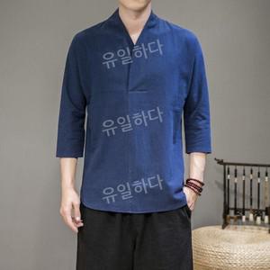 남성캐쥬얼반팔티 2023 봄 여름 차이나 면린넨 칠부 소매 브이넥 티류으스