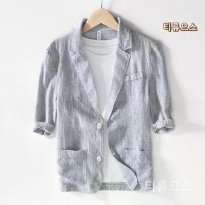 티류으스 고급 린넨 100 남자 마자켓 반팔 블레이저 얇은 정장 캐주얼 하늘색 빅사이즈