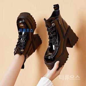 9cm 키높이 가보시 앵클 부츠 가죽 통굽 워커 여성 신발 부추 발편한 앵글 여자 편한