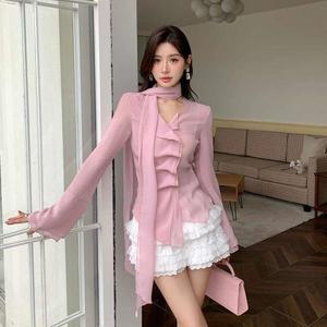가을 쉬폰 블라우스 프릴 정장 레이스 셔링 퍼프 시스루 긴팔 셔츠 여성 출근룩 나들이