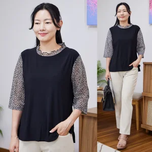 망사 7부 배색 나염 티셔츠 /23SS67-1/ 엄마옷 / 할머니옷 / 빅사이즈 / 실버다이아몬