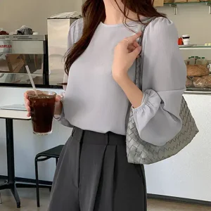 쇼프 라운드 쉬폰 블라우스 여름 여성 하객룩 출근룩