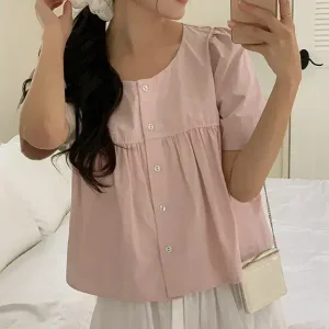 퓨리 셔링 라운드 반팔 블라우스 여름 여성 데일리룩 데이트룩