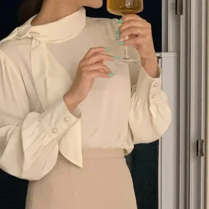 미네브 셔링 타이 블라우스 봄 가을 하객룩  데이트룩