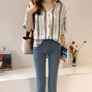 가오리핏 린넨 블라우스 퍼프 브이넥 여름 셔츠082802