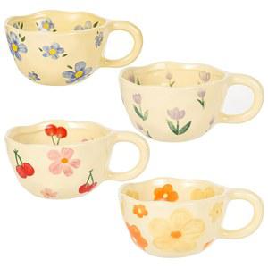 MAKCNMYM 4pcs 세라믹 커피 머그 빈티지 플라워 머그 8온스 귀여운 플로럴 커피 머그 불규칙 라떼 아트 도자기 머그컵 카푸치노 코코아 전자레인지 식기세척기 안전