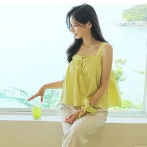 [머리끈세트#자체제작]우븐 셔링 베이비돌 민소매 블라우스