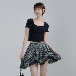 어베닛) 여성 레이스 밑단 허리밴딩 체크 언발 플레어 미니 스커트 DY-WSK-A0076