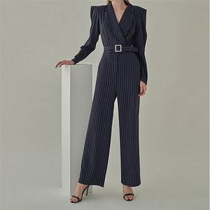 브이넥 정장 벨티드 퍼프 스트라이프 와이드 점프슈트  6903636)