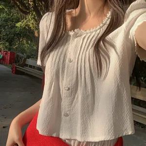 로하빈 레이스 핀턱 반팔 블라우스 여름 여성 바캉스 휴양지룩