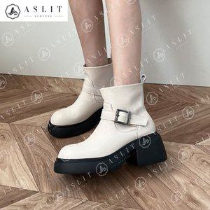 [애슬릿] 천연 소 가죽 둥근 코 통굽 워커 앵클 부츠
