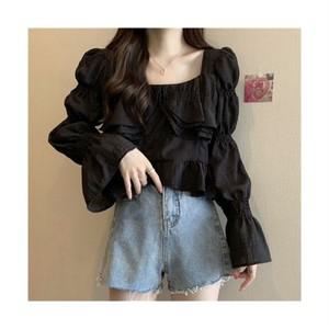 봄 가을 여성상의 쉬폰 루즈 스퀘어넥 무지 레오파드 프릴 나팔소매 빅사이즈 여자블라우스