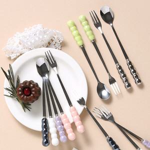 세라믹 스텐 롱 티스푼 티포크 2p 세트 커트러리 커피스푼 디저트포크 6color
