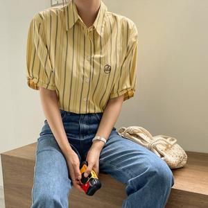 [시크릿라벨] 스트라이프자수롤업반팔셔츠