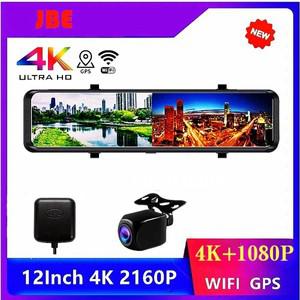 4K 3840*2160P 12인치 듀얼 렌즈 대시 캠 WIFI GPS APP 후면보기 미러 카메라 터치 스크린 스트리밍 비디오