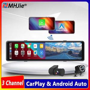 차량용 DVR 비디오 카메라 녹음기 FM 송신기, 4K 카플레이, 안드로이드 자동 대시 캠, 3 채널 스트림 백미
