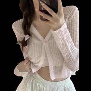 여성 시스루 프릴 디테일 물결 크롭 가디건
