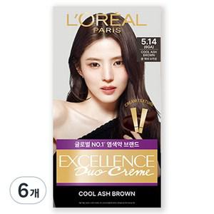 로레알파리 엑셀랑스 헤어 컬러 듀오크림 염모제 5.14호 쿨 애쉬 브라운(6GA) 6개