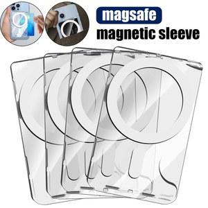 Magsafe 용 투명 마그네틱 카드 홀더 지갑 케이스 iphone 16 15 14 Pro Max 13Mini 용 투명 자석 하드 커버 카드 슬리브