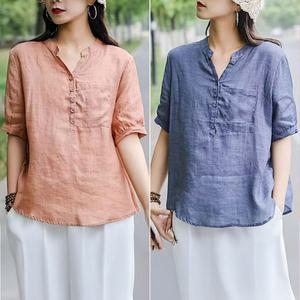 여름용 인견 블라우스 반팔 단목 셔츠 면마 혼방 폴리 소재 블루/코랄 L XL