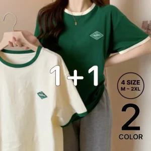 나바바 / 1 + 1상품 Happy 심플 배색 여성 반팔 티셔츠 NT670/ 베이지&그린
