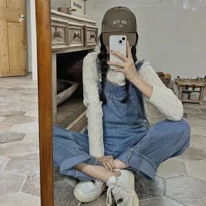 핫핑 데일리데이 포켓 와이드롱 데님멜빵바지