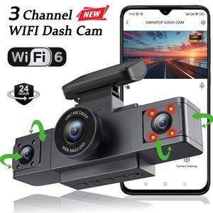 자동차 용 대시 캠 3 채널 WIFI 자동차 DVR 카메라 1080P 자동차 전면 및 내부 블랙 박스 24H 주차 모니터