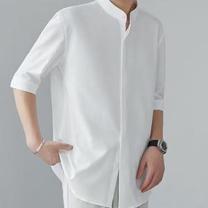 남자 여름 헨리넥 5부 반팔셔츠 루즈핏 차이나카라 캐주얼 정장 겸용 남방