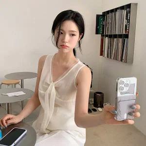 (리본타이포인트/로맨틱무드) 넬로아 오간자 레이어링 타이 뷔스티에 블라우스 bs8341