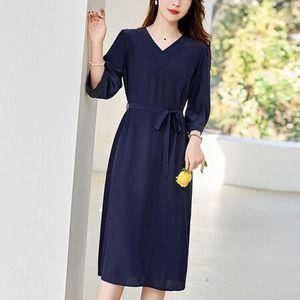 R1E 여성 여름 드레스 원피스 봄여름 더블 크레이프 실크 워싱 7부소매 스트링 미디 드레스 젠2