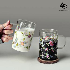 냉커피 잔 유리 물 컵 손잡이있는 꽃무늬 에이드 500ml 2P세트