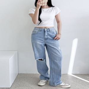 여자 2컬러 빅사이즈 와이드핏 찢청 데님팬츠 청바지