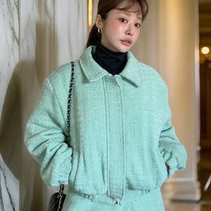 [다잇템] 여자 카라넥 집업 울점퍼 트위드 퀼팅 헤링본 점퍼