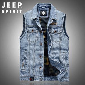 JEEP SPIRIT 봄 가을 남성 데님 조끼 레트로 캐주얼 작업 조끼