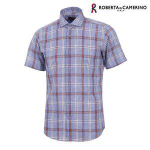 [Roberta di Camerino]린넨 체크 슬림핏 블루 반소매 셔츠 RM2-251-2