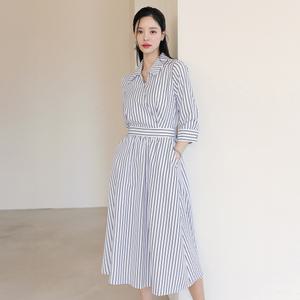 [시크라인] (~XXL까지) 코라이 스트라이프 뒷밴딩 플레어 원피스 봄 가을 하객룩 오피스룩 데이트 모임 미시 빅사이즈