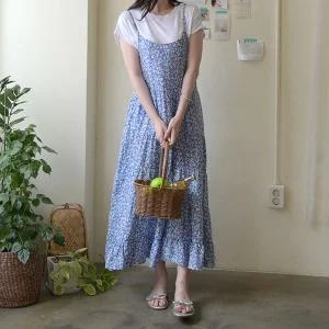 [데일리앤] 여름 휴양지 끈 나시 플라워 뷔스티에 롱 원피스 달카