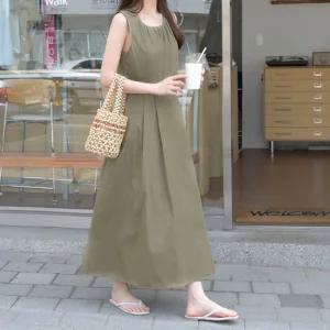 [데일리앤] 바스락 여름 레이어드 민소매 스트링 셔링 핀턱 롱 원피스 뷰데인