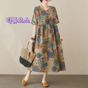 포지티브한 고급스러운 풍기인견원피스70대할머니옷엄마옷여름빅사이즈프린팅나반팔라운드넥 롱 일상복