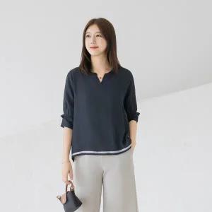 엄마옷 마담4060 언발 라운드넥 7부소매 이중셔링 블라우스-YBL2507072-중년여성의류 50대여성의류