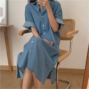 [하프클럽/트웬티세터]연청 데님 박시 와이드 셔츠 카라 롱 원피스