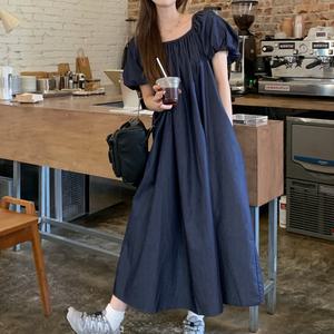 BANHANY 리암 스퀘어넥 퍼프소매 셔링 롱 데님 원피스 1color